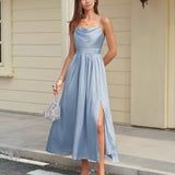 Blue Satin Ruched Slip Maxi Dress