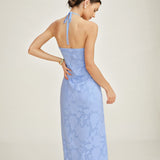 Blue Halter Jacquard Slip Maxi Dress