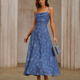 Blue Jacquard Ruched Slip Maxi Dress