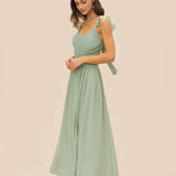 Green V Neck Ruffle Tie Maxi Dress