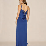 Blue Solid Zipper Slip Maxi Dress
