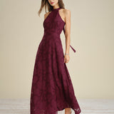 Wine Red Mock Neck Jacquard Maxi Dress