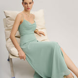 Green A-Line Backless Slip Maxi Dress