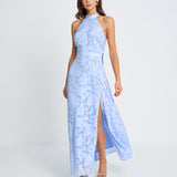 Blue Mock Neck Jacquard Maxi Dress