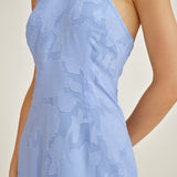 Blue Halter Jacquard Slip Maxi Dress
