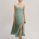 Green A-Line Backless Slip Maxi Dress