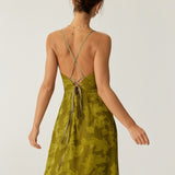 Green Floral Ruched Backless Slip Maxi Dress