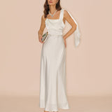 Off White Square Neck Satin Maxi Dress