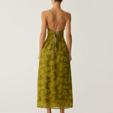 Green Floral Ruched Backless Slip Maxi Dress