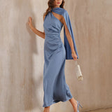 Blue One Shoulder A-Line Satin Maxi Dress