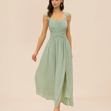 Green V Neck Ruffle Tie Maxi Dress