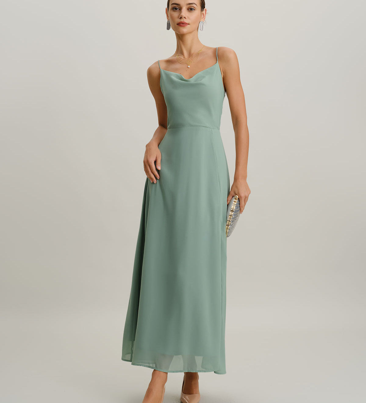 Green A-Line Backless Slip Maxi Dress