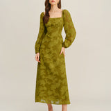 Green Floral Square Neck A-Line Maxi Dress