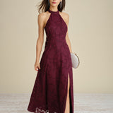 Wine Red Mock Neck Jacquard Maxi Dress