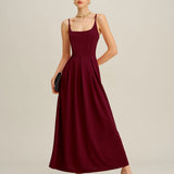 Wine Red Pleated Slip Maxi Dress