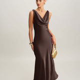 Coffee Cowl Neck Satin Maxi Dress