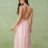 Pink V Neck Backless Slip Midi Dress