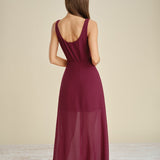Wine Red Button Slit Chiffon Maxi Dress
