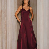 Wine Red Satin A-Line Slip Maxi Dress