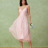 Pink V Neck Backless Slip Midi Dress
