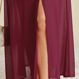 Wine Red Button Slit Chiffon Maxi Dress
