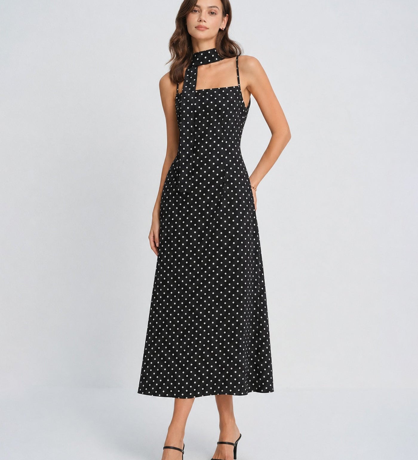 Black Polka Dot Cowl Neck Slip Maxi Dress