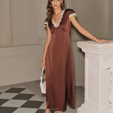Brown Satin V Neck Lace Maxi Dress