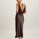 Coffee Cowl Neck Satin Maxi Dress