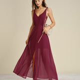 Wine Red Button Slit Chiffon Maxi Dress