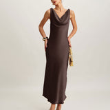 Coffee Cowl Neck Satin Maxi Dress