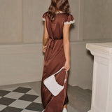 Brown Satin V Neck Lace Maxi Dress