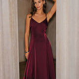 Wine Red Satin A-Line Slip Maxi Dress