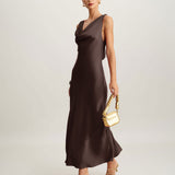 Coffee Cowl Neck Satin Maxi Dress