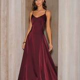 Wine Red Satin A-Line Slip Maxi Dress