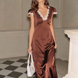 Brown Satin V Neck Lace Maxi Dress
