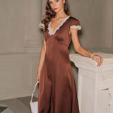 Brown Satin V Neck Lace Maxi Dress