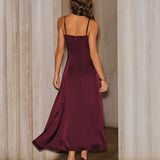 Wine Red Satin A-Line Slip Maxi Dress