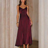 Wine Red Satin A-Line Slip Maxi Dress