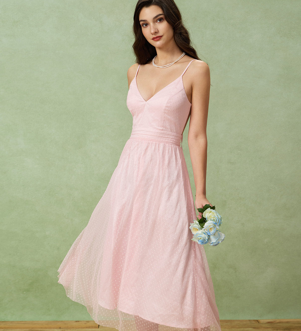 Pink V Neck Backless Slip Midi Dress