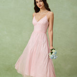 Pink V Neck Backless Slip Midi Dress