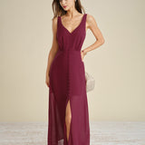 Wine Red Button Slit Chiffon Maxi Dress