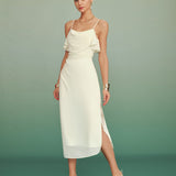 Apricot Ruffle Slip Chiffon Midi Dress