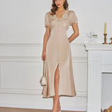 Apricot V Neck Lace Midi Dress