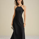 Black Halter Tie Satin Midi Dress