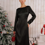 Black Satin Boat Neck Backless Midi Dress