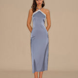 Blue Halter Lace Slip Midi Dress