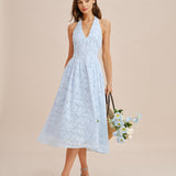 Blue Halter Tie Jacquard Midi Dress