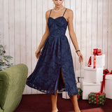 Blue Jacquard A-Line Slip Midi Dress
