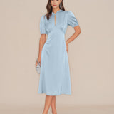Blue Puffed Sleeve Backless Satin Midi Dress