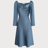 Blue Cowl Neck A-Line Midi Dress